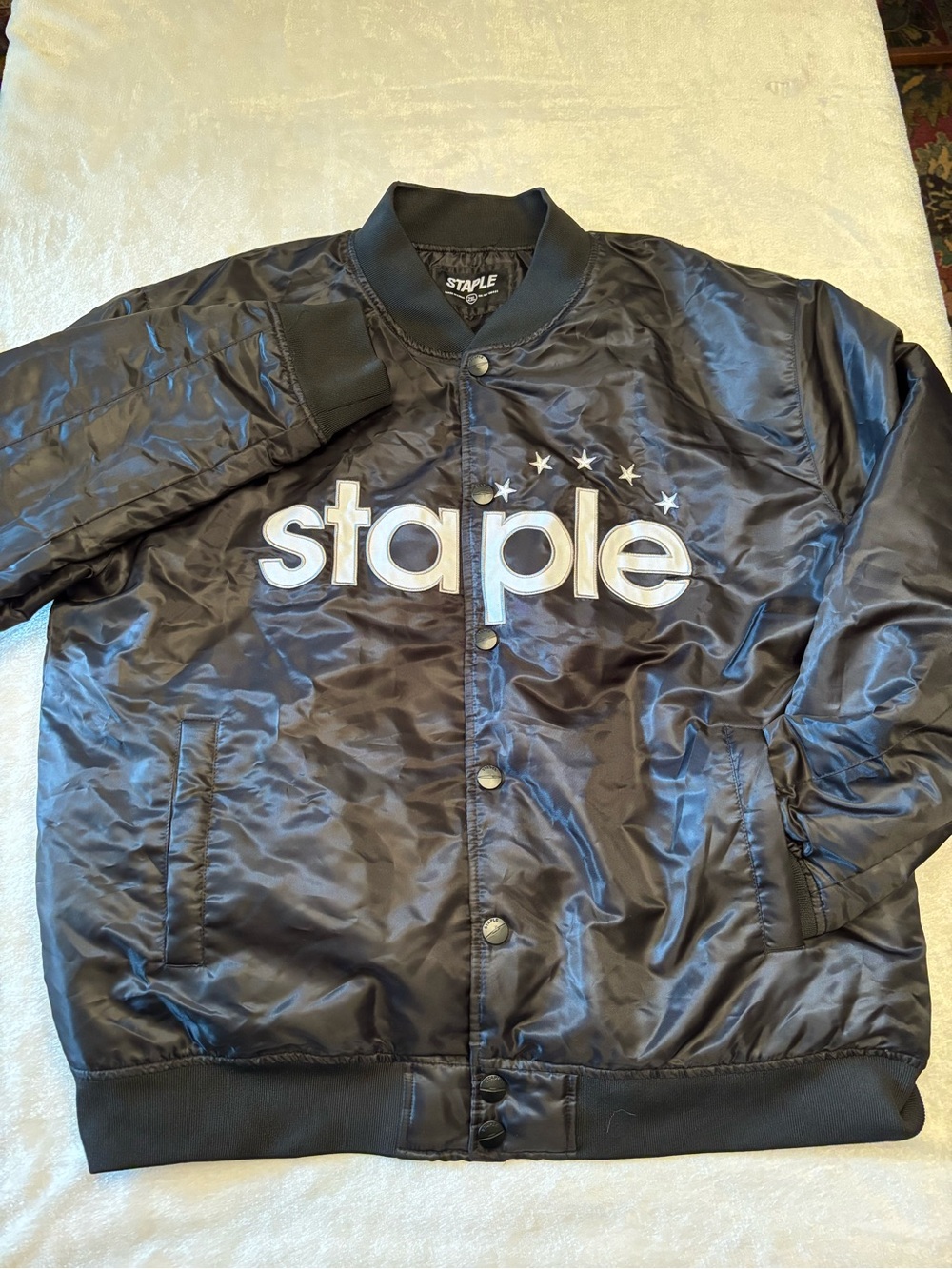 Staple Pigeon Black Satin Logo Bomber Jacket with Star Accents